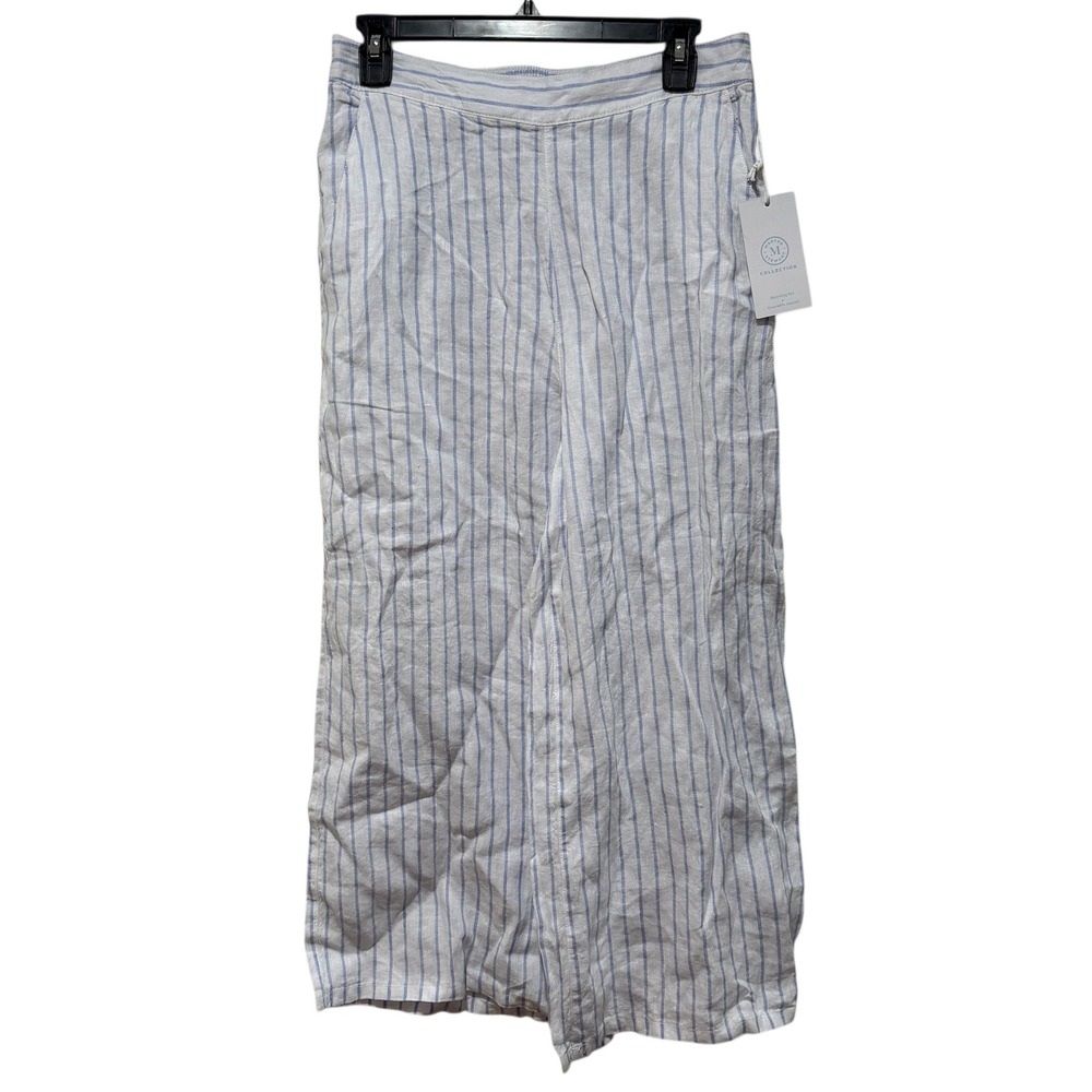 NWT Martha‎ Stewart Women 100% Linen Wide Leg Pants M Cropped Striped Coastal
